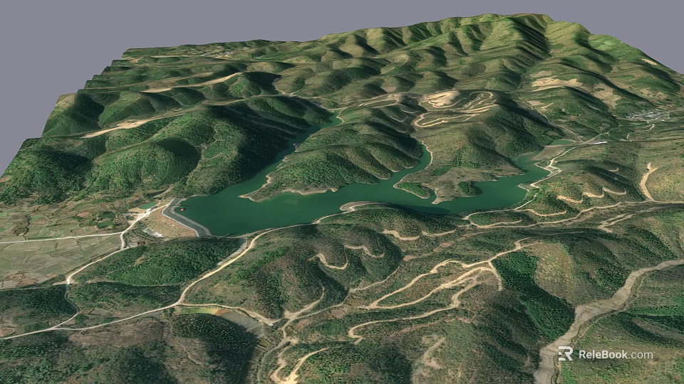 Scenic Garden Landscape With Green Mountain Terrain Lake And Winding Paths 3d model 