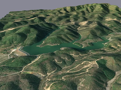 Scenic Garden Landscape With Green Mountain Terrain Lake And Winding Paths 3d model