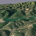 Scenic Garden Landscape With Green Mountain Terrain Lake And Winding Paths