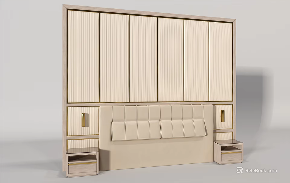 Modern Stylish Bed Backwall With Striped Panels Gold Trim And Nightstands 3d model 