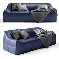 Blue Leather Two Seater Sofa With Gray Cushions And Knitted Throw Blanket 3d model