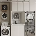 Modern Laundry Room Interior With Various Style Washing Machines And Storage Cabinets
