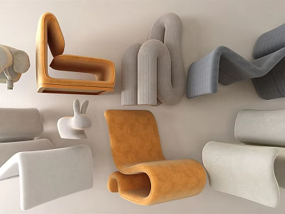 Modern Stylish Single Chairs With Curved Shapes In Orange And Gray Tones 3d model