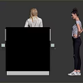 Modern Exhibition Stand With Two People Various Colored Panels Blue Top And Smooth Reflective Surface
