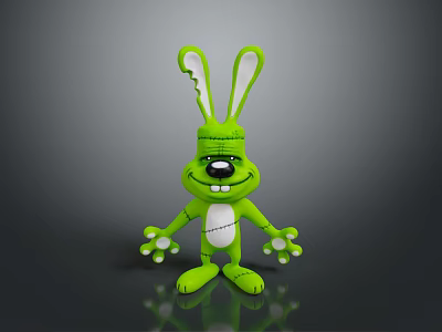 Green Rabbit Cartoon Toy With Broken Ear Smiling Face And White Paws 3d model
