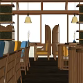 Traditional Restaurant Interior With Wooden Ceiling Hanging Lamps Green Plants And Wooden Tables