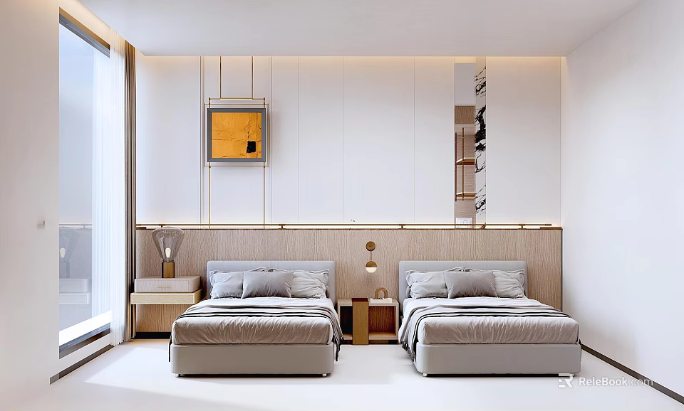 Modern Hotel Guest Room With Twin Beds Nightstands Table Lamps And Wall Paneling 3d model 
