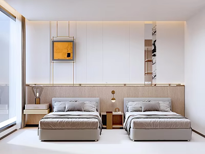 Modern Hotel Guest Room With Twin Beds Nightstands Table Lamps And Wall Paneling 3d model
