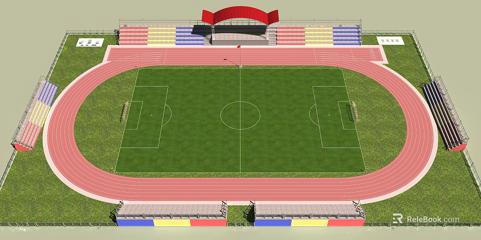 Modern Football Field with Running Track Colorful Stands and Arched Roof 3d model 