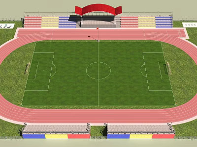 Modern Football Field with Running Track Colorful Stands and Arched Roof 3d model