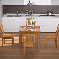 Wooden Dining Table Set With Four Chairs Vase And Tableware In Kitchen 3d model