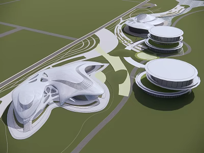 Modern Architectural Design With Circular Roofs Streamlined Structures And Landscaped Surroundings 3d model