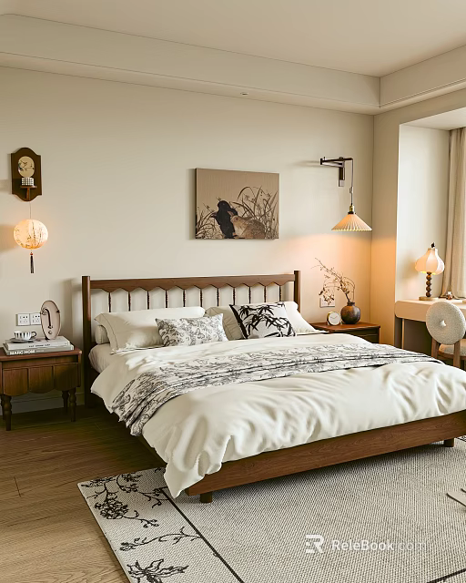 Cozy Bedroom With Wooden Bed Frame Patterned Blanket Bedside Tables Table Lamps And Wall Painting 3d model 