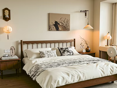 Cozy Bedroom With Wooden Bed Frame Patterned Blanket Bedside Tables Table Lamps And Wall Painting 3d model