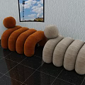 Brown And Beige Round Shaped Fabric Upholstered Sofa Stools For Modern Living Room