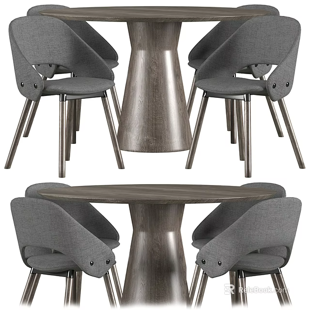 Modern Dining Table Set With Wooden Table And Gray Upholstered Chairs 3d model 