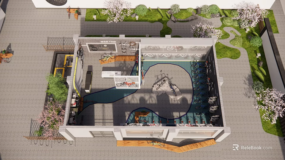Modern Outdoor Courtyard Design With Cherry Blossom Trees And Greenery Layout 3d model 