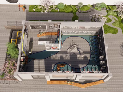 Modern Outdoor Courtyard Design With Cherry Blossom Trees And Greenery Layout 3d model