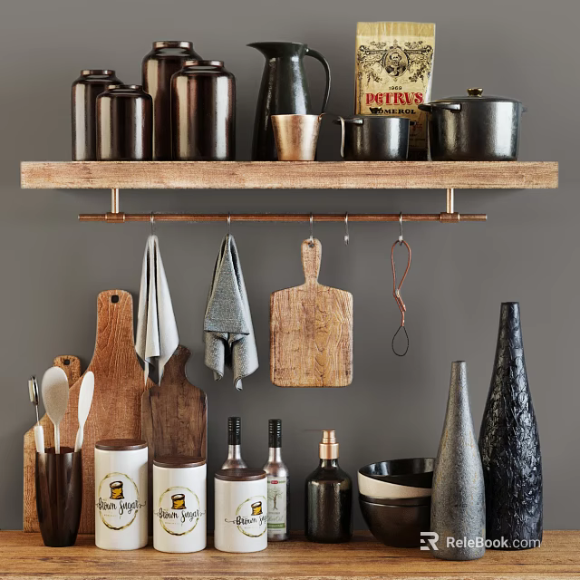 Organized Kitchen Utensils Jars Pots and Hanging Chopping Boards on Wooden Shelf 3d model 