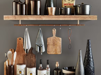Organized Kitchen Utensils Jars Pots and Hanging Chopping Boards on Wooden Shelf 3d model