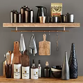 Organized Kitchen Utensils Jars Pots and Hanging Chopping Boards on Wooden Shelf