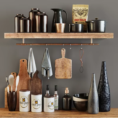 Organized Kitchen Utensils Jars Pots and Hanging Chopping Boards on Wooden Shelf 3d model