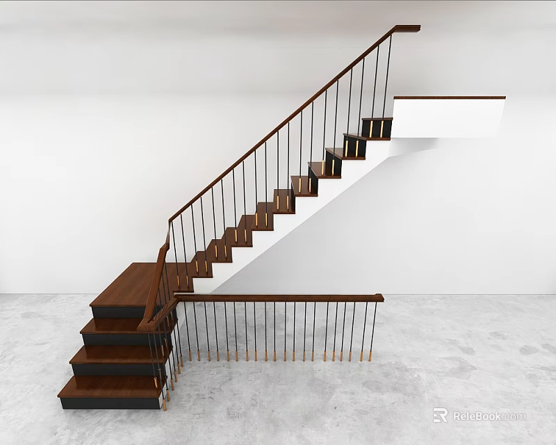 Modern Wooden Staircase With Black Railings White Walls And Gray Floor 3d model 