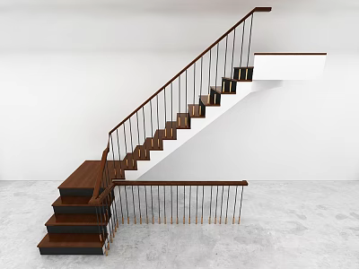 Modern Wooden Staircase With Black Railings White Walls And Gray Floor 3d model