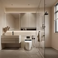 Modern Bathroom Interior With Large Mirror Vanity Toilet And Glass Shower Enclosure