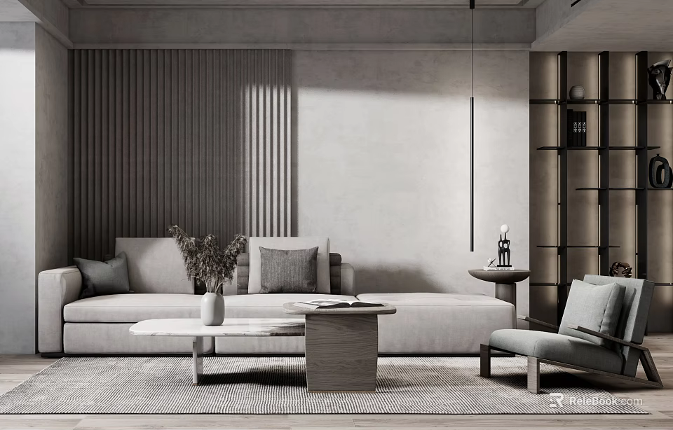Light Luxury Modern Living Room With Grey Sofa Wooden Coffee Table Set And Green Plants 3d model 