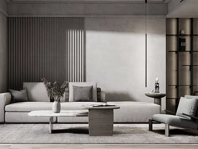 Light Luxury Modern Living Room With Grey Sofa Wooden Coffee Table Set And Green Plants 3d model