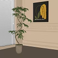 Bonsai Plant In Light Colored Pot Near Window Blinds With White Wall Decorative Painting