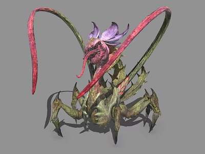 Fantastical Mythical Creature With Purple Flower Red Tentacles Green Body And Insect Legs 3d model