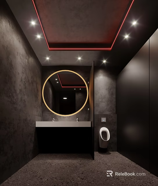 Modern Public Restroom Interior With Circular Mirror Dark Walls Sink Urinal And Lighting 3d model 