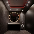 Modern Public Restroom Interior With Circular Mirror Dark Walls Sink Urinal And Lighting