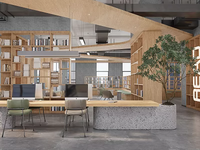 Modern Book Art Studio Design With Open Wooden Bookshelves And Art Displays 3d model