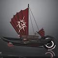 Unique Water Vessel With Red Sails White Sun Symbol And Decorative Hull Design