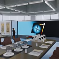 Spacious Conference Room With Long Wooden Table Brown Chairs Decorative Paintings And Ceiling Lights