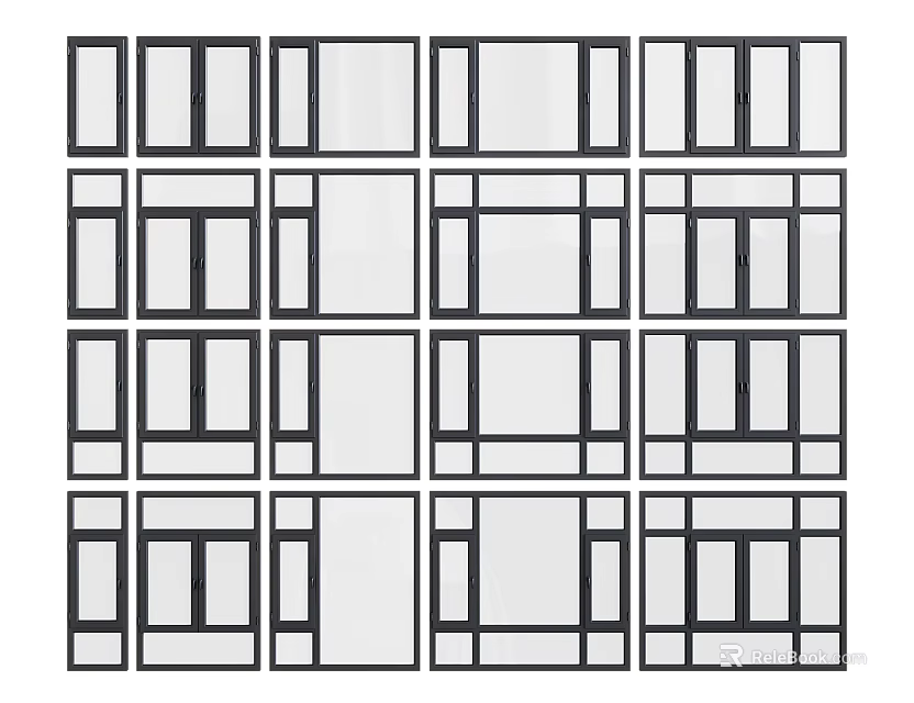 Various Window Frame Designs In Grid Arrangement With Different Panel Styles 3d model