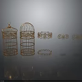 Golden Metal Birdcage Decorative Items With Circular Rings And Reflections On Dark Surface