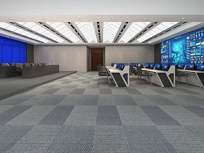 Modern Control Room Interior With Multiple Monitor Screens Workstations And Ergonomic Chairs 3d model