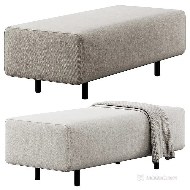 Modern Light Gray Upholstered Ottoman With Black Legs And Throw Blanket 3d model 