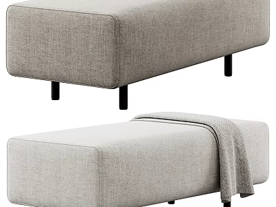 Modern Light Gray Upholstered Ottoman With Black Legs And Throw Blanket 3d model