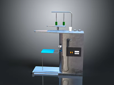 Industrial Metal Furniture Workbench With Platform Blue Component Green Hanging Parts And Control Panel 3d model