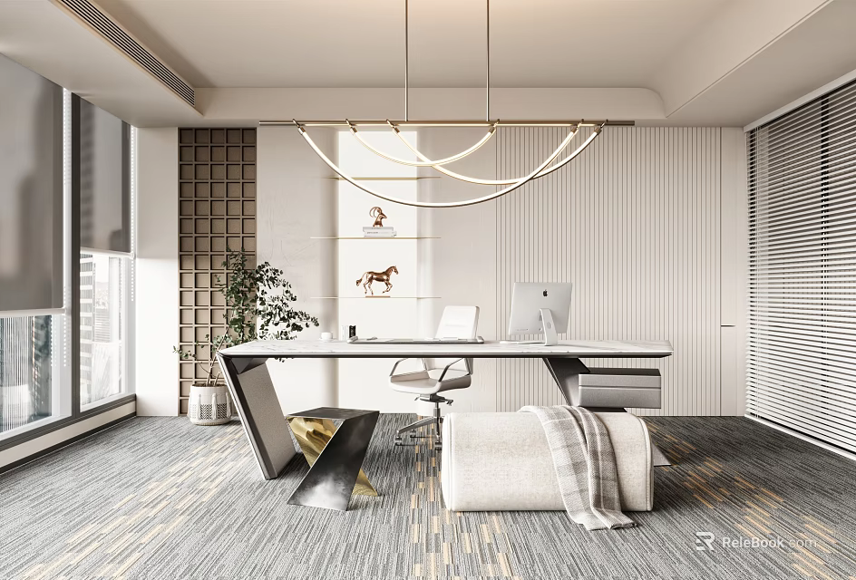 Modern Office Interior with Circular Pendant Light Wooden Desk Office Chair Green Plant And Carpet 3d model 