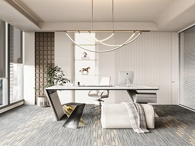 Modern Office Interior with Circular Pendant Light Wooden Desk Office Chair Green Plant And Carpet 3d model