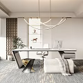 Modern Office Interior with Circular Pendant Light Wooden Desk Office Chair Green Plant And Carpet