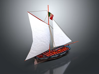 Wooden Boat Model With White Sails Italian Flag And Red Blue Hull Display Design 3d model