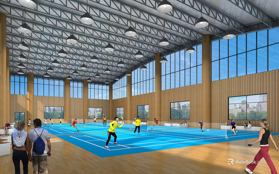 People Playing Badminton In Indoor Court With Blue Surface Large Windows Wooden Walls Fitness Activity 3d model 
