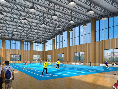 People Playing Badminton In Indoor Court With Blue Surface Large Windows Wooden Walls Fitness Activity 3d model